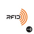 RFID tag icon. Text logo with radio wireless waves.