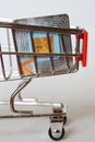 The RFID tag lies in the metal trolley from the supermarket. Shoplifting Prevention. Goods security and alarm. Light background.