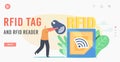Rfid Tag and Reader Landing Page Template. Tiny Male Character Carry Huge Rfid Scanner, Radio Frequency Identification