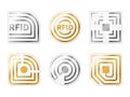 RFID tags. Golden, silver radio chips icons. Metallic identification electromagnetic label templates. Electronic Royalty Free Stock Photo