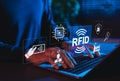 RFID Technology Concept. Radio Frequency Identification. Person using laptop with digital icons illustrating RFID tech, data chips Royalty Free Stock Photo