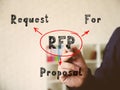 RFP Request For Proposal note. Male hand with marker write on an background