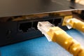 The rg45 patch cord is inserted into the black connector of the router, the back of the home Internet Royalty Free Stock Photo