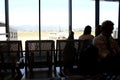 2019.09.30  Bergamo, Orio al Serio airport Ryanair plane parked in the foreground with silhoutte of passengers in backlight and in Royalty Free Stock Photo