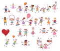 Cartoon set or collection of many multiethnic cute smiling children playing and jumping. Funny active and joyful kids. Diversity c