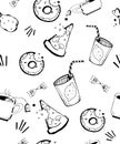 Lemons and summer elements. Vector pattern consisting of an image of pizza coffee drinks