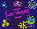 Las Vegas magenta lettering. Vector with casino icons on blue wall background. Royalty Free Stock Photo