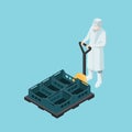 Food industry worker driving a manual forklift with plastic boxes isometric