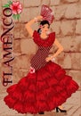 Spanish flamenco girl with a fan, greeting card