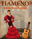 Flamenco.Translation is From Spain with Love. Beautiful spanish girl and guitar. Flamenco party card