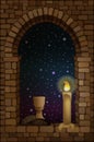 View from the arched stone medieval window. Wine and bread. vector