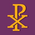 Catholic christian symbol chrismon yellow cryptogram sign on purple background chi-rho icon