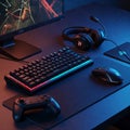 RGB Gaming Desk Setup with Mechanical Keyboard and Headset - AI
