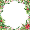 Watercolor Christmas Frame with Red poinsettia flowers,Holly,leaves,berries,pine,spruce,green twigs on white Royalty Free Stock Photo