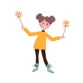 RGBGirl with sparklers, fireworks. Vector. Happy, emblem. Birthday, holiday, christmas