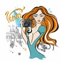 RGBGirl tourist with a camera taking pictures of attractions in Venice.Travel. Italy. Vector.