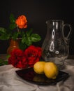 Rhapsody of Elements: Roses, Vase, Lemon, and Linen