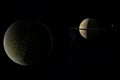 Rhea orbiting with Saturn planet, Mimas and Tethys at background. 3d render