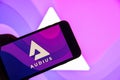 Rheinbach, Germany 21 April 2022, The logo of the cryptocurrency `Audius` on the display of a smartphone