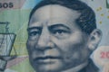 Rheinbach, Germany 12 April 2021, Macro shot of the face of `Benito Juarez` on a Mexican 20 peso note