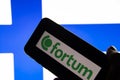 Rheinbach, Germany  4 December 2021,  The brand logo of the energy supplier `Fortum` on the display of a smartphone focus on the Royalty Free Stock Photo