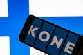 Rheinbach, Germany  4 December 2021,  The brand logo of the Finnish company `Kone` on the display of a smartphone focus on the br Royalty Free Stock Photo