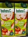 Rheinbach, Germany 8 October 2021, The close-up view of several bottles of apple juice from `Hohes C` on the shelf of a German