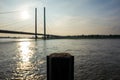 The Rheinkniebruecke in Duesseldorf, Germany at sunset. Royalty Free Stock Photo