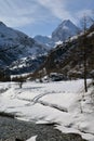 Rhemes valley and Granta Parey mountain in winter, Aosta, Italy