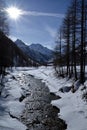 Rhemes valley and Granta Parey mountain in winter, Aosta, Italy