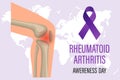 Rheumatoid Arthritis Awareness Day banner, 2 February. A purple ribbon and a man\'s knee joint. Medical concept. Royalty Free Stock Photo