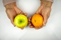 Rheumatoid arthritis hands and fruits Royalty Free Stock Photo