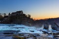 Rhine Falls - the largest waterfall, with Castle Laufen on the hill in blue hours