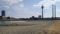 The Rhine river dwindles and exposes rocks in the dry riverbed in DÃ¼sseldorf, Germany Royalty Free Stock Photo