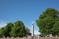 Rhine River in DÃÂ¼sseldorf, Germany with background of Ulanendenkmal, landmark statue in summer season in DÃÂ¼sseldorf, Germany.