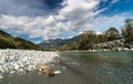 River and mountain landscape in the Swiss Alps in autum Royalty Free Stock Photo