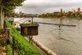 Rhine river and old fishing hut in Basel Switzerland