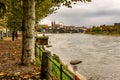 Rhine river and old fishing hut in Basel Switzerland