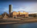 Rhine River skyline at sunset with KolnTriangle Building - Cologne, Germany