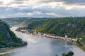 Rhine valley Landscape and Sankt Goarshausen view from the Loreley rock Royalty Free Stock Photo