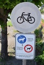 Erpel, Germany - 06 10 2021: sign to handle dogs and no biking allowed