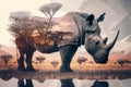 Rhino and the African savannah double exposure. Generative AI