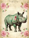 rhino animal old paper, vintage junk journal digital paper