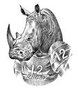 Rhino badge, retro rhinoceros. Rugby sport. American football player. Fashion Animal character sketch. Hand drawn