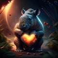 Rhino Calf hugging heart Rhinoceros with heart in the forest, 3d render AI Generated animal ai