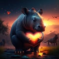 Rhino Calf hugging heart rhinoceros with heart in the night. 3d illustration AI Generated animal ai