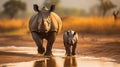 A rhino calf walking beside its mother, AI Generative
