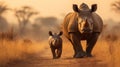 A rhino calf walking beside its mother, AI Generative