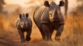 A rhino calf walking beside its mother, AI Generative