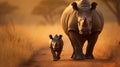 A rhino calf walking beside its mother, AI Generative